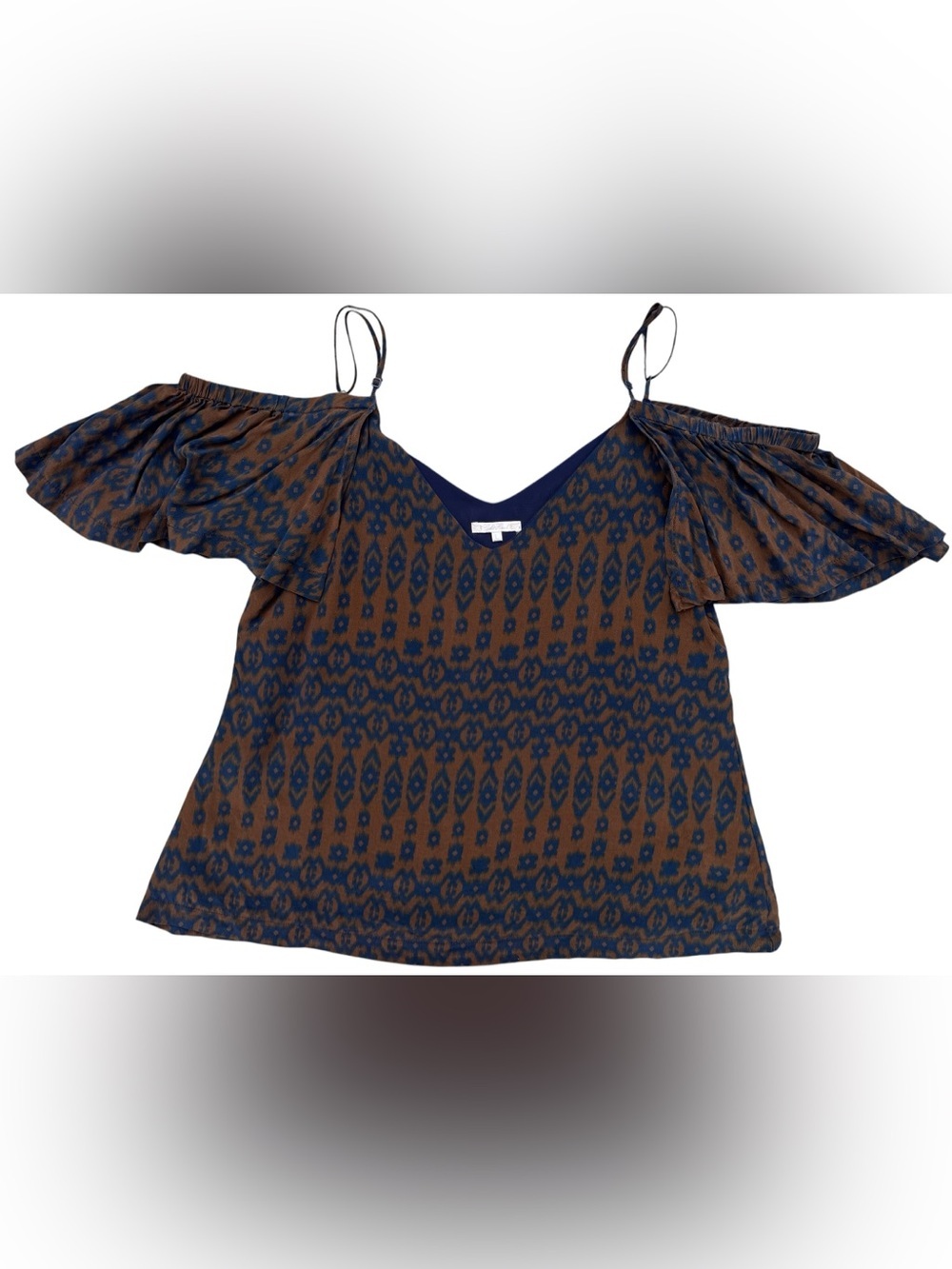 Gold Hawk Off Shoulder Silk Cami Top Brown Navy Ikat Print - L - Picture 1 of 6